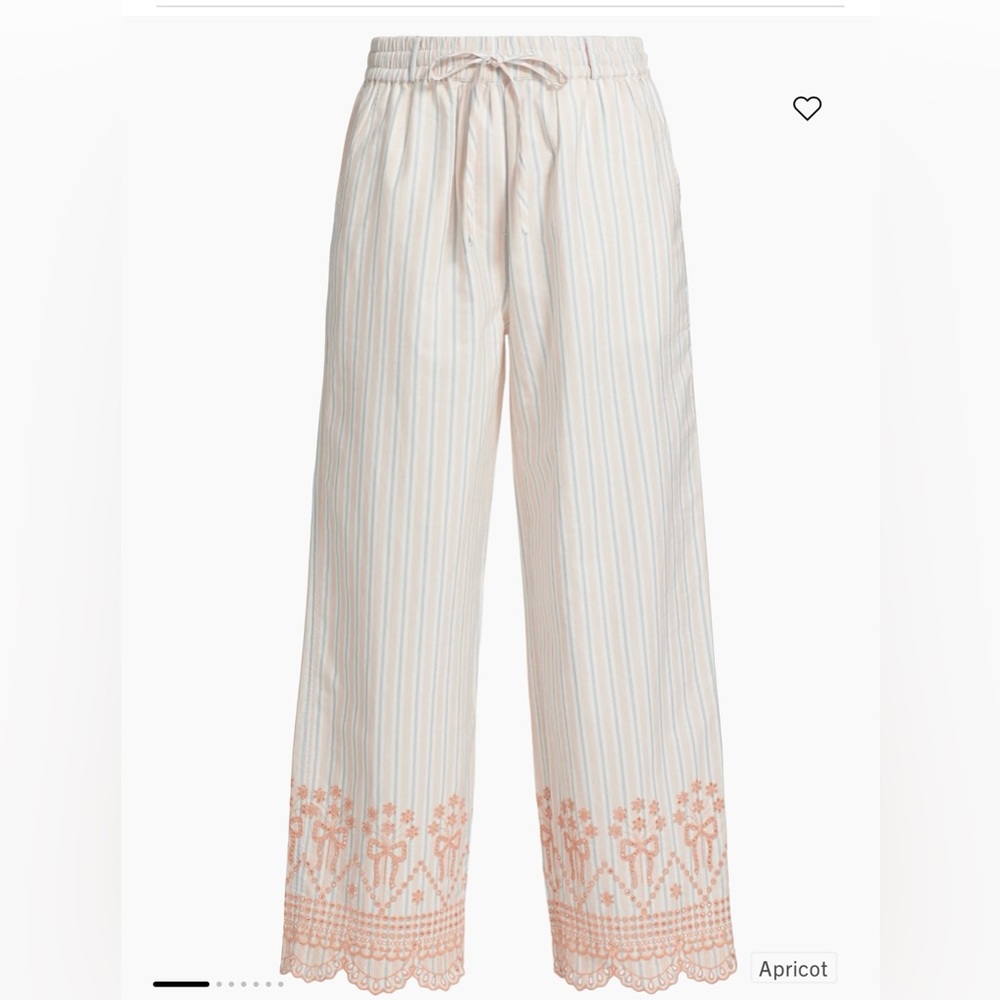 Anthropologie Cream and Orange Embroidered Wide Leg Pants